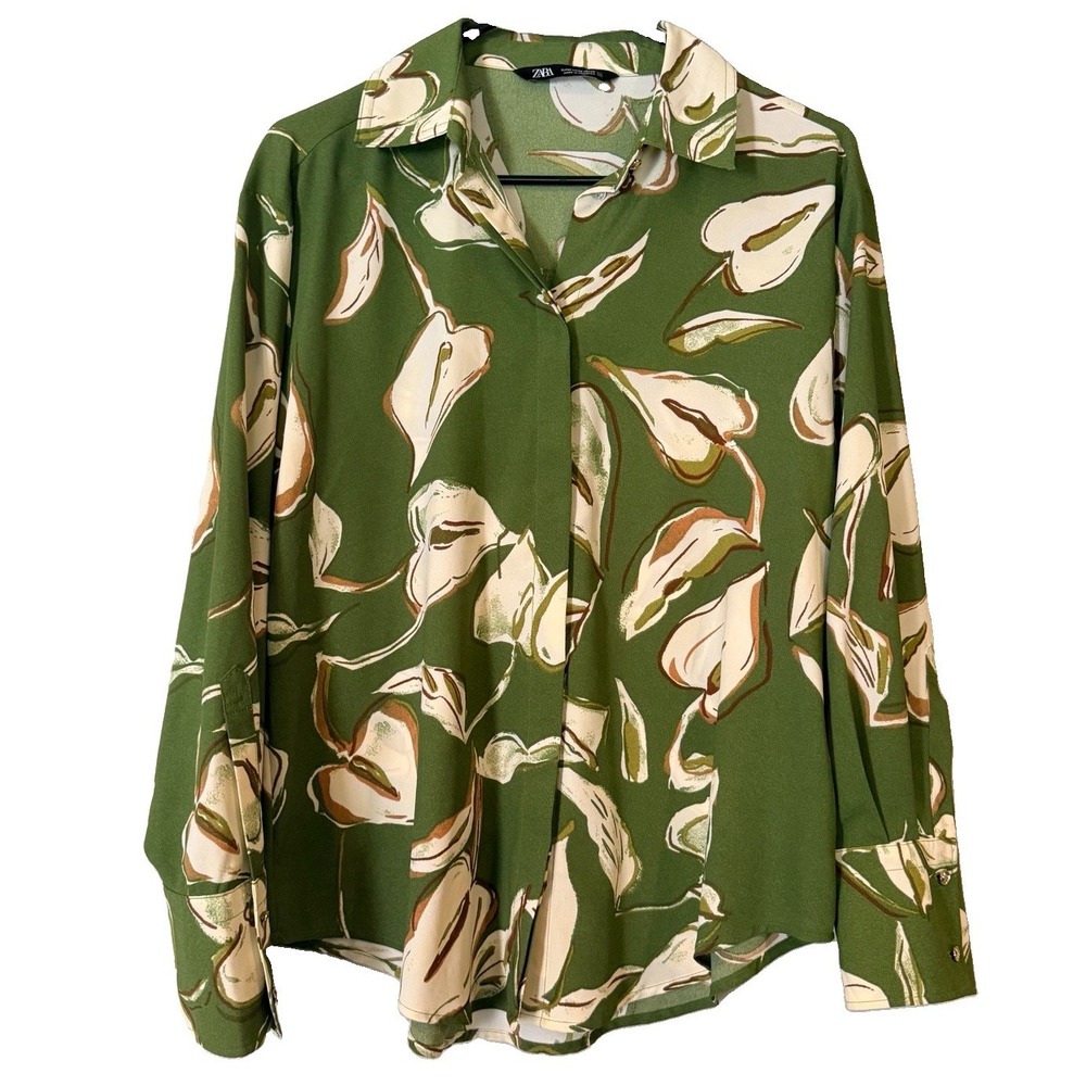 Zara Blouse Women's M Green Floral Button Up Long Sleeve Collared Shirt Academia